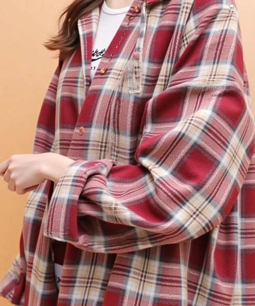 cammie(キャミー)の「フード付きチェックシャツ(シャツ/ブラウス・レディース・ブルー/レッド/ブラウン・M/L)」の11枚目の写真