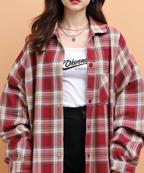 cammie(キャミー)の「フード付きチェックシャツ(シャツ/ブラウス・レディース・ブルー/レッド/ブラウン・M/L)」の12枚目の写真