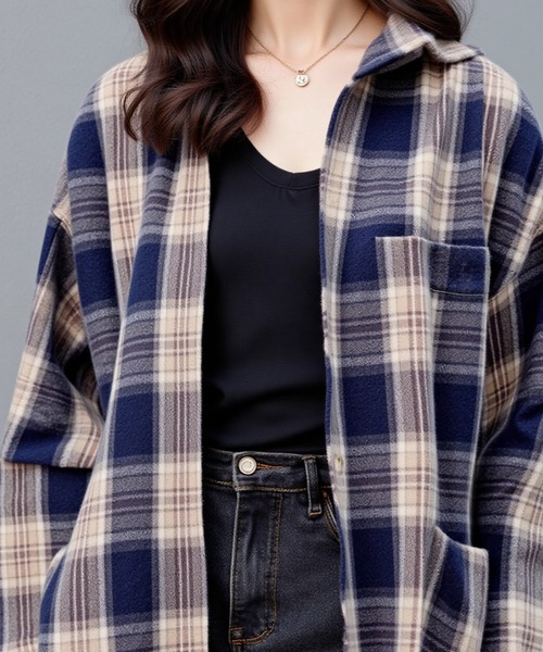 cammie(キャミー)の「フード付きチェックシャツ(シャツ/ブラウス・レディース・ブルー/レッド/ブラウン・M/L)」の7枚目の写真