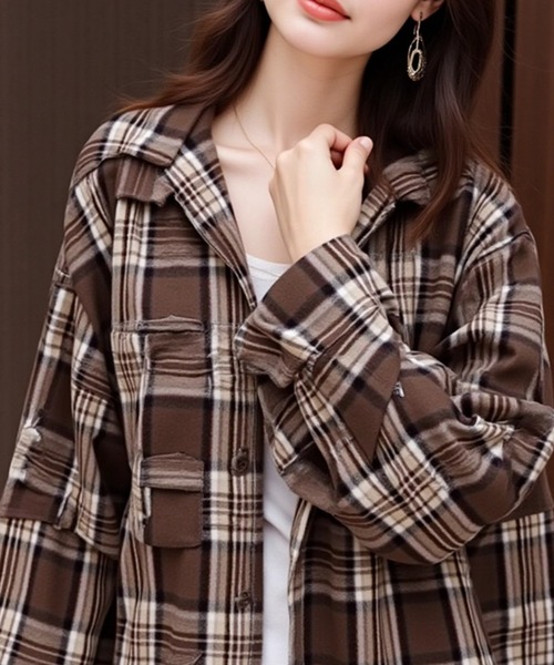 cammie(キャミー)の「フード付きチェックシャツ(シャツ/ブラウス・レディース・ブルー/レッド/ブラウン・M/L)」の6枚目の写真