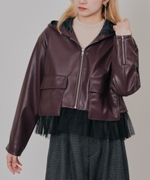 DOLLUPOOPS | ヘムチュールフーディー合皮ジャケット(ライダースジャケット)