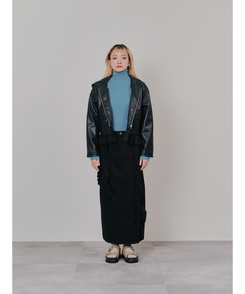 DOLLUPOOPS（ドールアップウップス）の「ヘムチュールフーディー合皮ジャケット（ライダースジャケット・レディース・ブラック/ブラウン・38）」の6枚目の写真