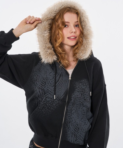 セール】ZEBRA & LEOPARD PRINT FAKE FUR ZIP HOODIE / ゼブラ