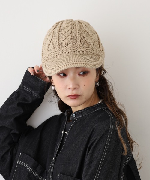 INX.label　裏ボア付きケーブル編みニットキャップ RUBEN ケーブル編み 裏ボア つば付きニットキャップ（ニットキャップ