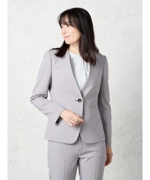 Perfect Suit FActory（パーフェクトスーツファクトリー）の「杢調プレーンスーツ　ノーカラージャケット　グレー/カーキ（カーキー）【マシンウォッシャブル】（ノーカラージャケット）」