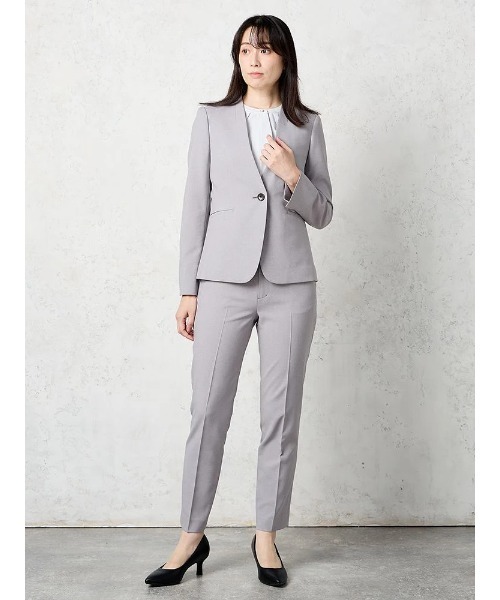 Perfect Suit FActory(パーフェクトスーツファクトリー)の「杢調プレーンスーツ ノーカラージャケット グレー/カーキ(カーキー)【マシンウォッシャブル】(ノーカラージャケット・レディース・グレー/カーキ・7号/9号/11号/13号)」の4枚目の写真