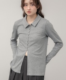 ネップリブポロカットソー / 長袖 トップス ネップ ポロシャツ 春服 秋服 冬服 韓国 ノームコア カジュアル シンプル アイボリー ホワイト グレー 白