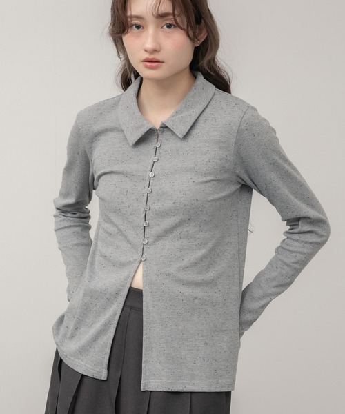 ネップリブポロカットソー / 長袖 トップス ネップ ポロシャツ 春服 秋