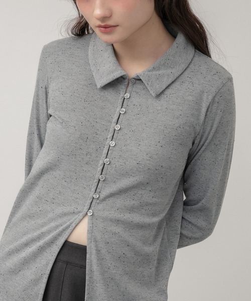 HEILIS（ヘイリス）の「ネップリブポロカットソー / 長袖 トップス ネップ ポロシャツ 春服 秋服 冬服 韓国 ノームコア カジュアル シンプル アイボリー ホワイト グレー 白（ポロシャツ・レディース・グレー/アイボリー・FREE）」の22枚目の写真