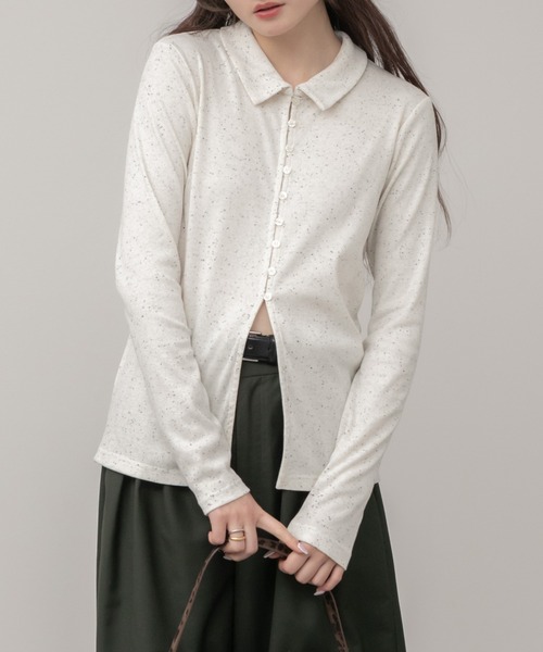 HEILIS（ヘイリス）の「ネップリブポロカットソー / 長袖 トップス ネップ ポロシャツ 春服 秋服 冬服 韓国 ノームコア カジュアル シンプル アイボリー ホワイト グレー 白（ポロシャツ・レディース・グレー/アイボリー・FREE）」の3枚目の写真