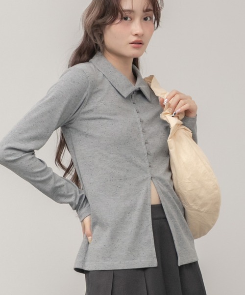 HEILIS（ヘイリス）の「ネップリブポロカットソー / 長袖 トップス ネップ ポロシャツ 春服 秋服 冬服 韓国 ノームコア カジュアル シンプル アイボリー ホワイト グレー 白（ポロシャツ・レディース・グレー/アイボリー・FREE）」の14枚目の写真