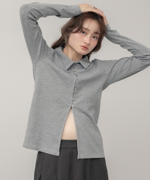 HEILIS（ヘイリス）の「ネップリブポロカットソー / 長袖 トップス ネップ ポロシャツ 春服 秋服 冬服 韓国 ノームコア カジュアル シンプル アイボリー ホワイト グレー 白（ポロシャツ・レディース・グレー/アイボリー・FREE）」の12枚目の写真