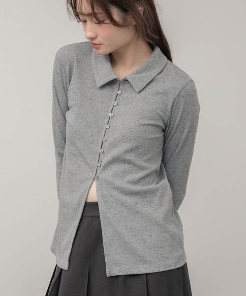 HEILIS（ヘイリス）の「ネップリブポロカットソー / 長袖 トップス ネップ ポロシャツ 春服 秋服 冬服 韓国 ノームコア カジュアル シンプル アイボリー ホワイト グレー 白（ポロシャツ・レディース・グレー/アイボリー・FREE）」の13枚目の写真