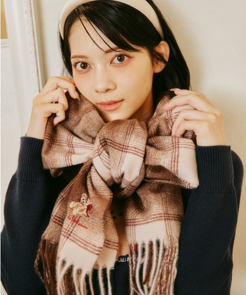 チェック柄と刺繍のショール45R BEARシリーズ＞Holidayベア刺繍チェックストール ギフト/プレゼント