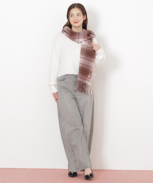 チェック柄と刺繍のショール45R JILL by JILL STUART｜<BEARシリーズ>Holidayベア刺繍チェックストール