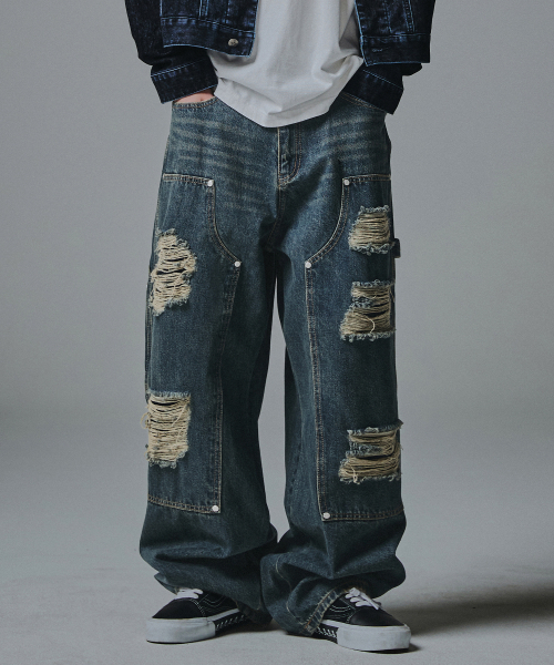 NOT4NERD(ノットフォーナード)の「Destroyed Double Knee Carpenter Pants - Deep Blue(デニムパンツ・レディース・その他・MEDIUM/LARGE/X-LARGE)」の1枚目の写真