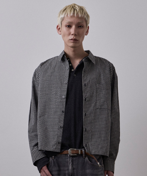 セグメントチェッククロップ長袖シャツブラック（シャツ/ブラウス