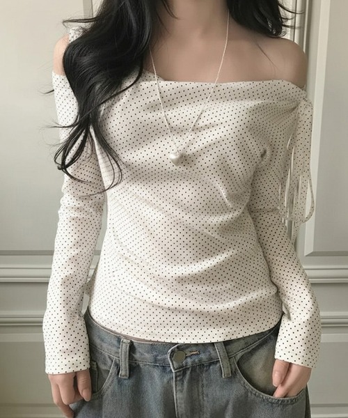Nia（ニア）の「Nia(ニア)/チョーカーリボン　ドットワンショルダー長袖カットソー（Tシャツ/カットソー・レディース・ピンク/アイボリー・MEDIUM/SMALL）」の3枚目の写真