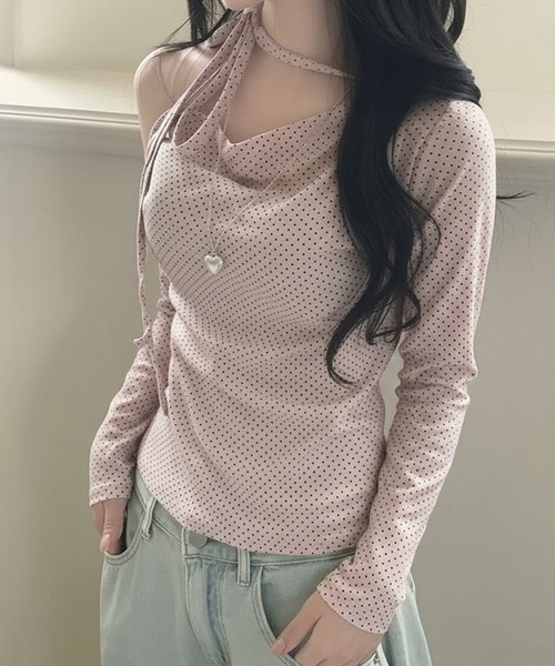 Nia（ニア）の「Nia(ニア)/チョーカーリボン　ドットワンショルダー長袖カットソー（Tシャツ/カットソー・レディース・ピンク/アイボリー・MEDIUM/SMALL）」の9枚目の写真