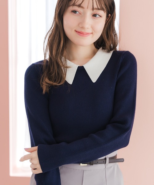 MISCH MASCH(ミッシュマッシュ)の「2026春夏新作 4wayポロ衿リブニット(ニット/セーター・レディース・ネイビー/ホワイト/グリーン・フリ-)」の6枚目の写真