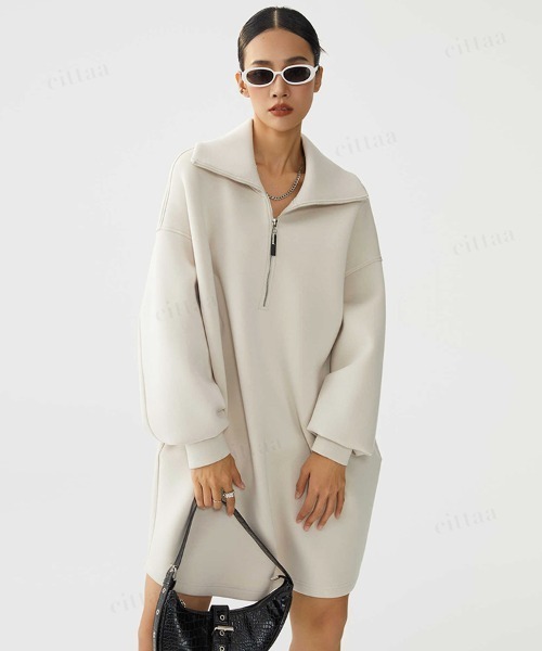 Dalfwin（ダールフィン）の「韓国ファッション ハーフジップスウェットハイネックミニワンピース（ワンピース・レディース・ライトベージュ/ベージュ系その他・FREE）」の2枚目の写真