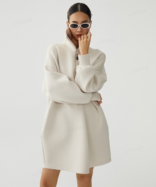 Dalfwin（ダールフィン）の「韓国ファッション ハーフジップスウェットハイネックミニワンピース（ワンピース・レディース・ライトベージュ/ベージュ系その他・FREE）」の5枚目の写真