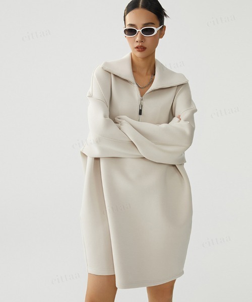 Dalfwin（ダールフィン）の「韓国ファッション ハーフジップスウェットハイネックミニワンピース（ワンピース・レディース・ライトベージュ/ベージュ系その他・FREE）」の7枚目の写真