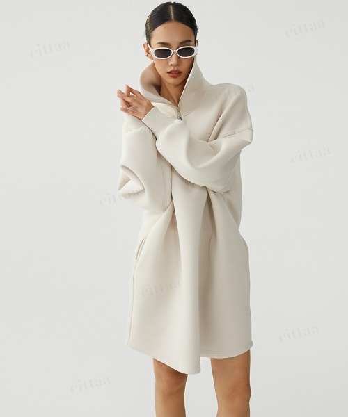 Dalfwin（ダールフィン）の「韓国ファッション ハーフジップスウェットハイネックミニワンピース（ワンピース・レディース・ライトベージュ/ベージュ系その他・FREE）」の8枚目の写真