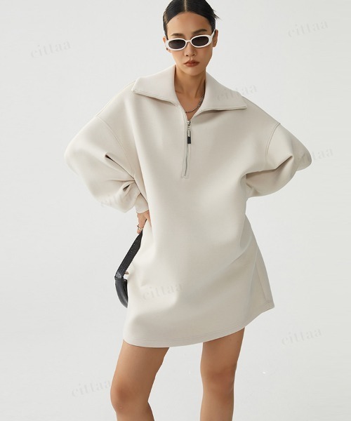 Dalfwin（ダールフィン）の「韓国ファッション ハーフジップスウェットハイネックミニワンピース（ワンピース・レディース・ライトベージュ/ベージュ系その他・FREE）」の11枚目の写真