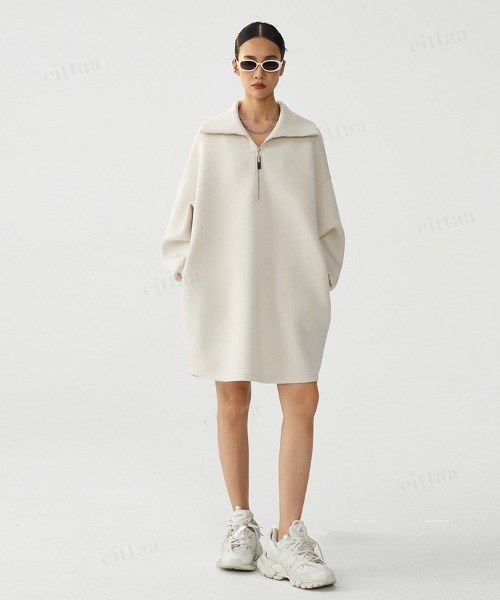 Dalfwin（ダールフィン）の「韓国ファッション ハーフジップスウェットハイネックミニワンピース（ワンピース・レディース・ライトベージュ/ベージュ系その他・FREE）」の16枚目の写真