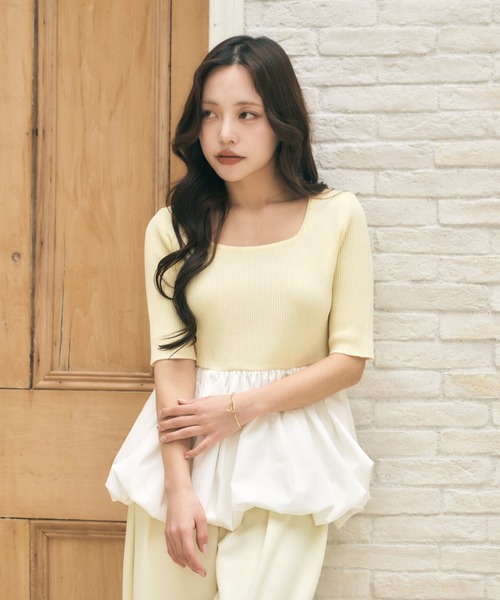 Olu.（オルドット）の「スクエアネックバルーントップス（Tシャツ/カットソー・レディース・ベージュ/ブラック×ホワイト/レモンイエロー・FREE）」の3枚目の写真