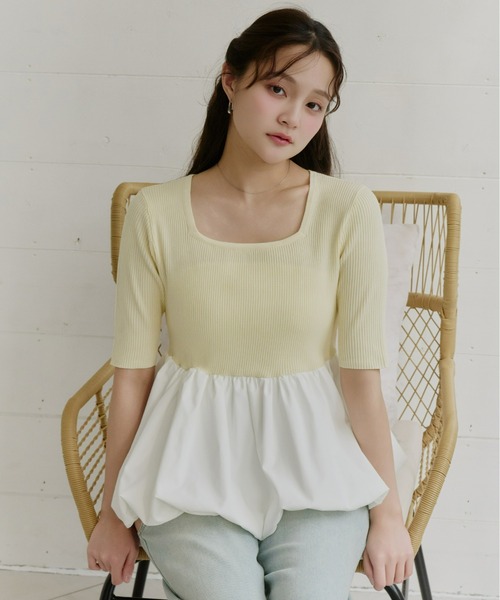 Olu.（オルドット）の「スクエアネックバルーントップス（Tシャツ/カットソー・レディース・ベージュ/ブラック×ホワイト/レモンイエロー・FREE）」の4枚目の写真