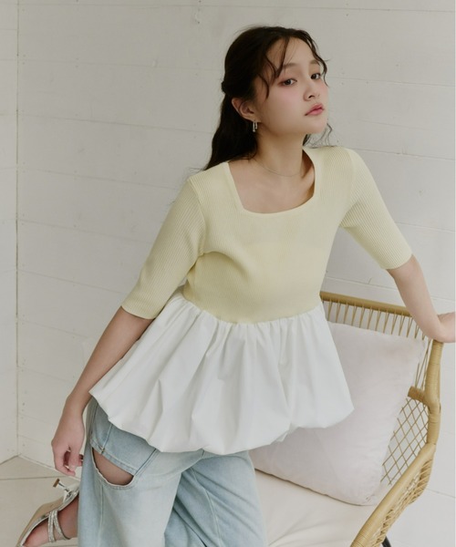 Olu.（オルドット）の「スクエアネックバルーントップス（Tシャツ/カットソー・レディース・ベージュ/ブラック×ホワイト/レモンイエロー・FREE）」の6枚目の写真