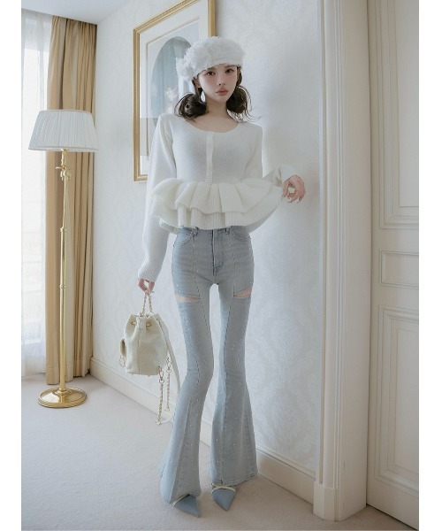 Darich（ダーリッチ）の「ペプラムビジューニットトップス（ニット/セーター・レディース・ピンク/ホワイト/ブラック/サックスブルー・FREE）」の5枚目の写真