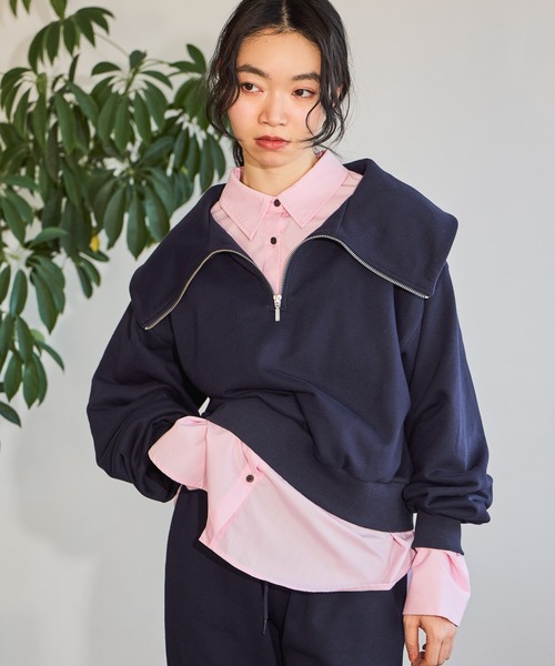 mysty woman（ミスティウーマン）の「ハーフZIP裏毛プルオーバーLS 659241（スウェット・レディース・グレー/ネイビー・FREE）」の2枚目の写真