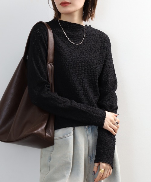 FUNALIVE(ファンアライブ)の「ストレッチレースボトルネック長袖(Tシャツ/カットソー・レディース・グレイッシュベージュ/ブラック/ライトブルー/アイボリー・M/L/LL)」の1枚目の写真