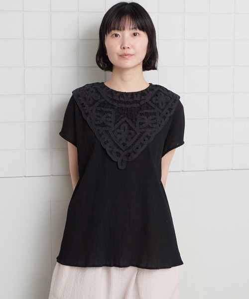 l'atelier du savon（アトリエドサボン）の「花とリボンのバテンレース　フレンチブラウス（シャツ/ブラウス・レディース・ブラック/ホワイト・FREE）」の9枚目の写真