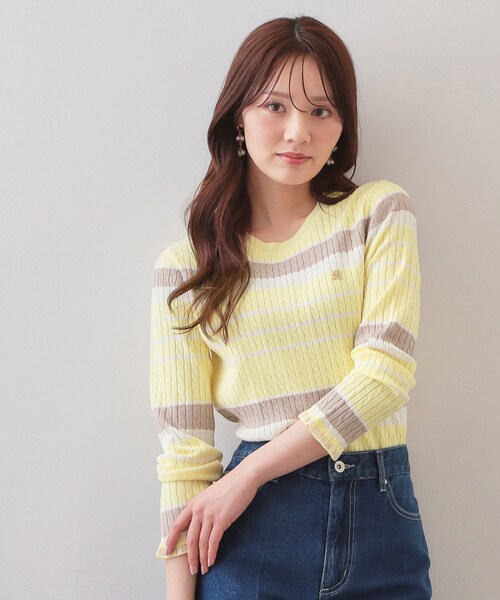 index（インデックス）の「ランダムボーダーケーブルニット【洗濯機OK/坑ピル】（ニット/セーター・レディース・ホワイト系5/ライトイエロー系3/ネイビー系2・38/40/36/42）」の3枚目の写真