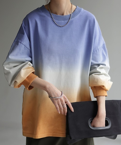 HUG.U(ハグユー)の「グラデーションロンT(Tシャツ/カットソー・レディース・グレー/グリーン×オレンジ/ブルー・L/M)」の1枚目の写真