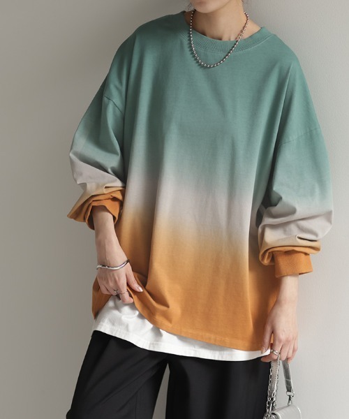 HUG.U(ハグユー)の「グラデーションロンT(Tシャツ/カットソー・レディース・グレー/グリーン×オレンジ/ブルー・L/M)」の11枚目の写真