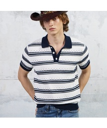 KUME（クメ）の「Men Striped Crochet Polo Knit Top, Navy（ニット/セーター）」