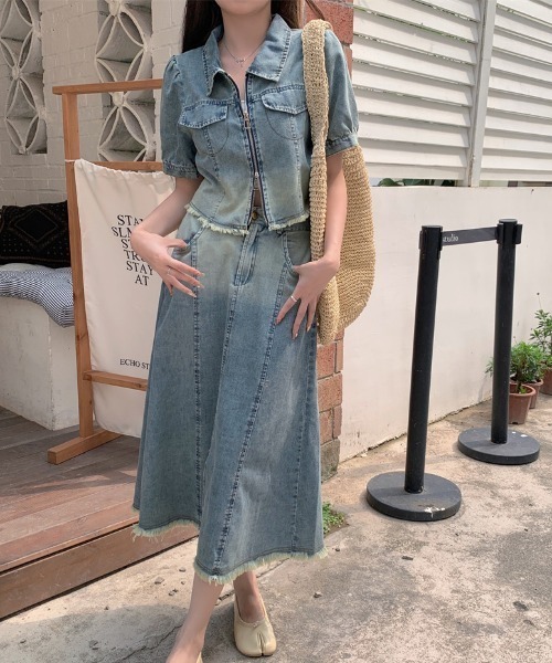 デニムジップ付きトップススカートセットアップ