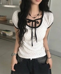 襟リボン 花柄ショートtシャツ
