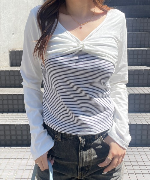 ROGER AND RAW(ロジャーアンドロウ)の「ショートボレロ ドッキングVネック長袖トップス(Tシャツ/カットソー・レディース・ライトブルー/ホワイト・FREE)」の3枚目の写真