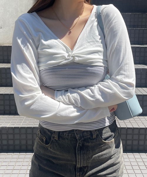 ROGER AND RAW(ロジャーアンドロウ)の「ショートボレロ ドッキングVネック長袖トップス(Tシャツ/カットソー・レディース・ライトブルー/ホワイト・FREE)」の14枚目の写真