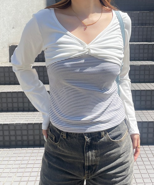 ROGER AND RAW(ロジャーアンドロウ)の「ショートボレロ ドッキングVネック長袖トップス(Tシャツ/カットソー・レディース・ライトブルー/ホワイト・FREE)」の5枚目の写真