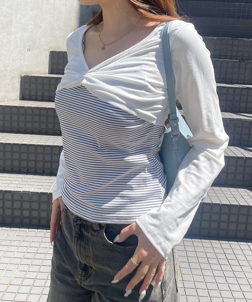 ROGER AND RAW(ロジャーアンドロウ)の「ショートボレロ ドッキングVネック長袖トップス(Tシャツ/カットソー・レディース・ライトブルー/ホワイト・FREE)」の6枚目の写真