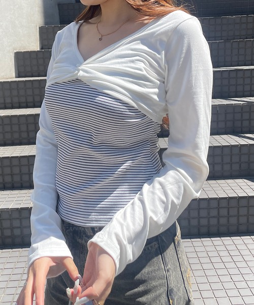 ROGER AND RAW(ロジャーアンドロウ)の「ショートボレロ ドッキングVネック長袖トップス(Tシャツ/カットソー・レディース・ライトブルー/ホワイト・FREE)」の8枚目の写真