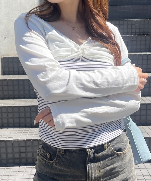 ROGER AND RAW(ロジャーアンドロウ)の「ショートボレロ ドッキングVネック長袖トップス(Tシャツ/カットソー・レディース・ライトブルー/ホワイト・FREE)」の11枚目の写真