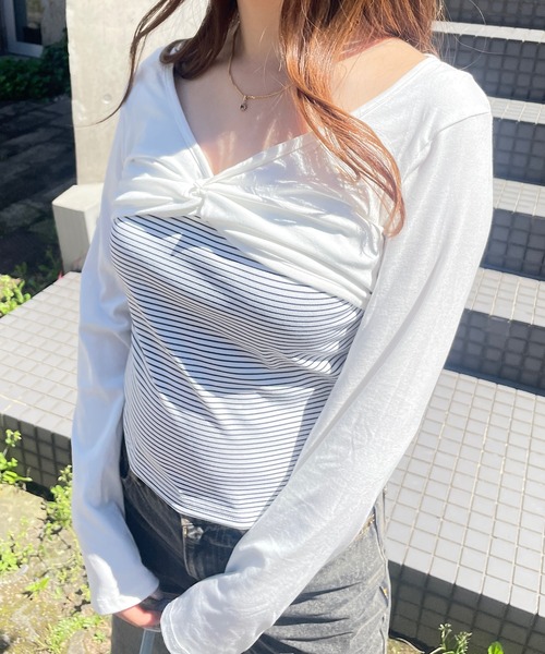 ROGER AND RAW(ロジャーアンドロウ)の「ショートボレロ ドッキングVネック長袖トップス(Tシャツ/カットソー・レディース・ライトブルー/ホワイト・FREE)」の13枚目の写真